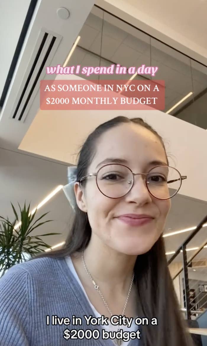 A screenshot of Maria&#x27;s TikTok with caption, &quot;I live in NYC on a $2,000 budget&quot;