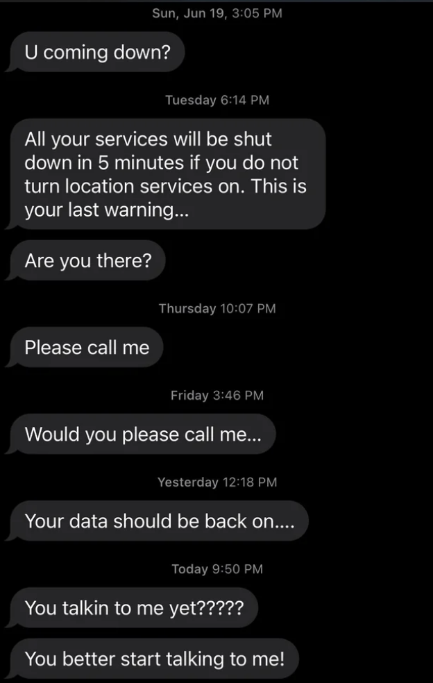 A series of texts over the span of several days from a father who demands his child speak to him, then threatens to turn off cell service if the child doesn&#x27;t turn location settings on