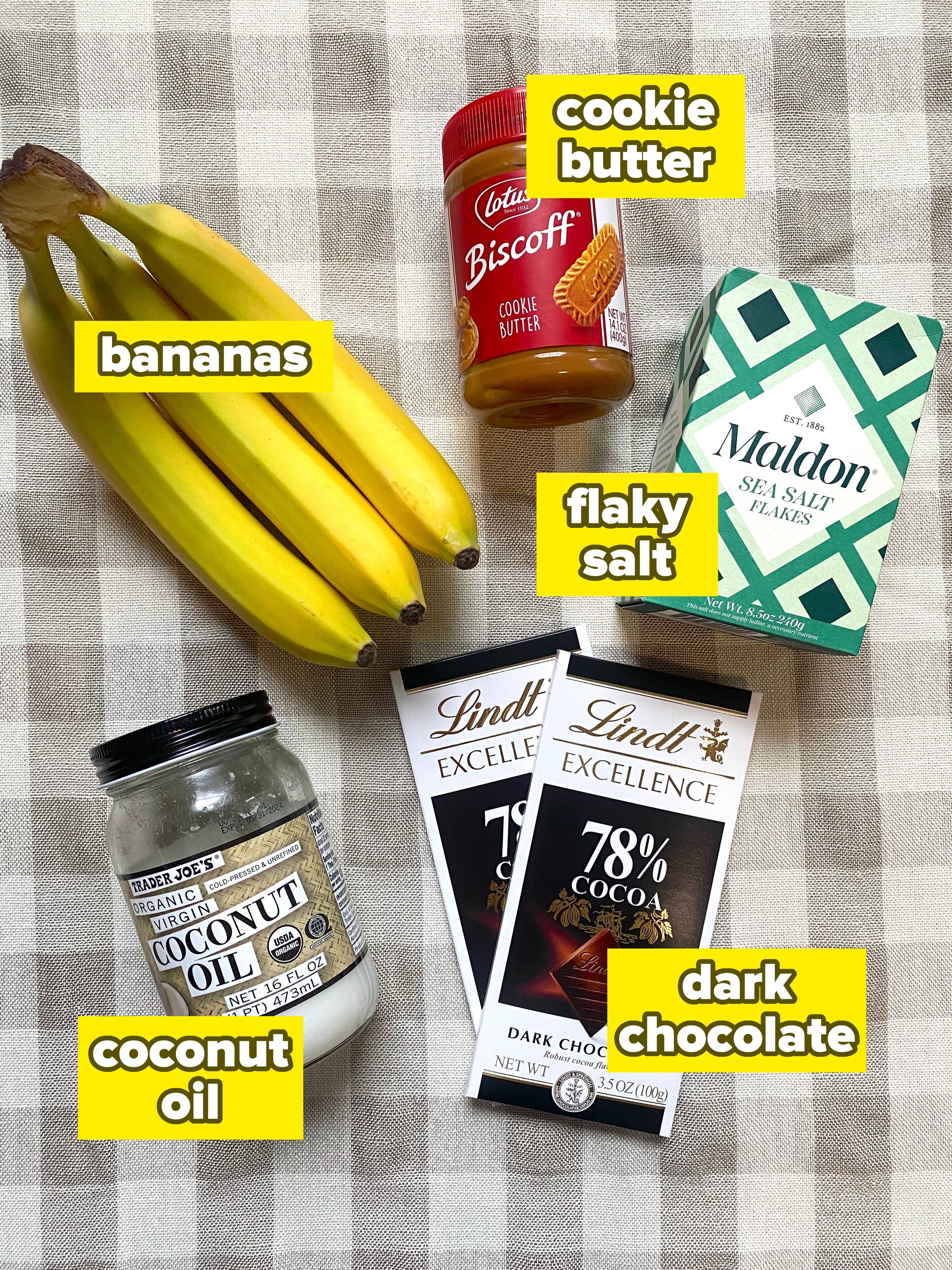 Ingredients for banana, cookie butter, and chocolate bark on a table