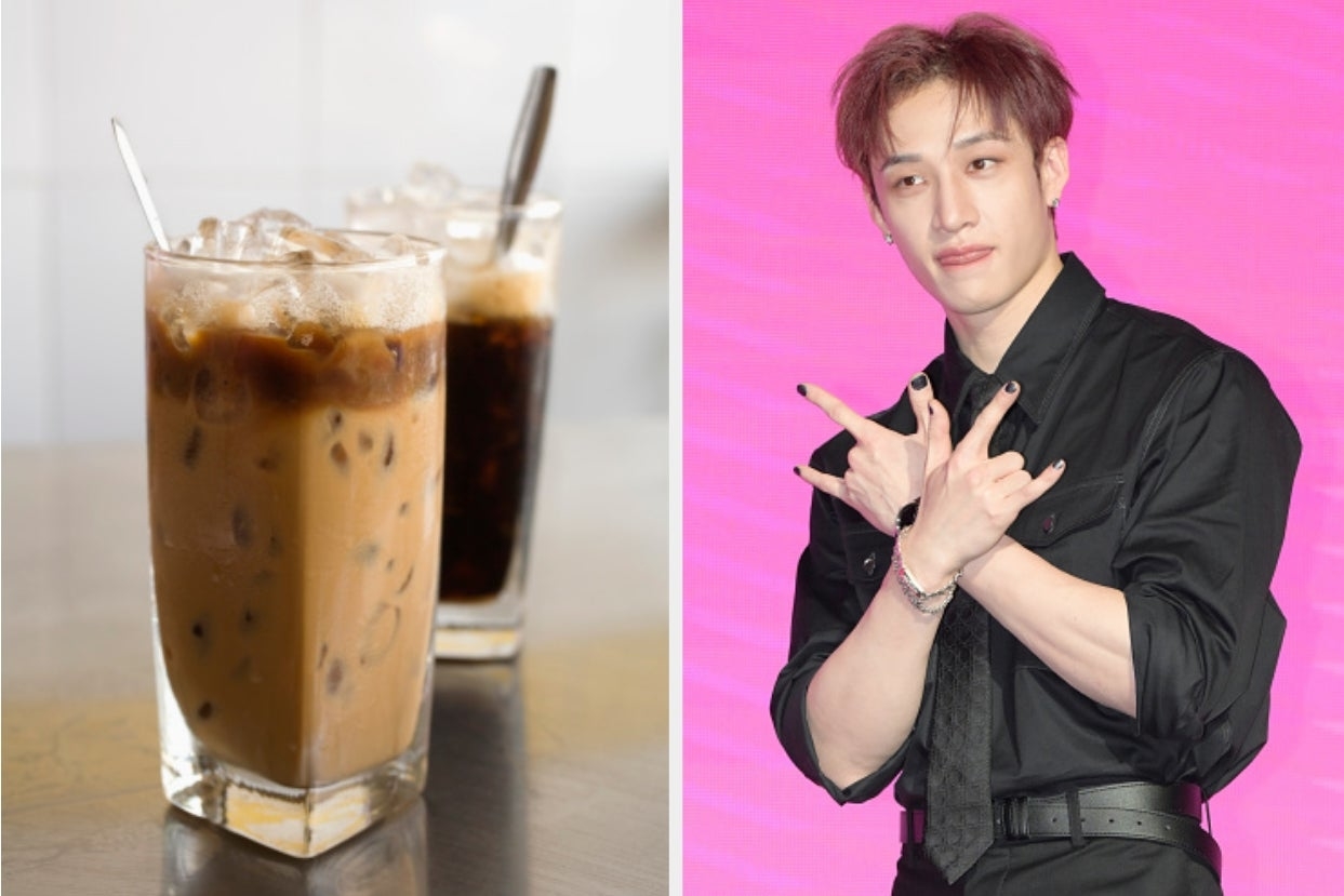 On the left, some Vietnamese iced coffee in a glass, and on the right, Bang Chan from Stray Kids