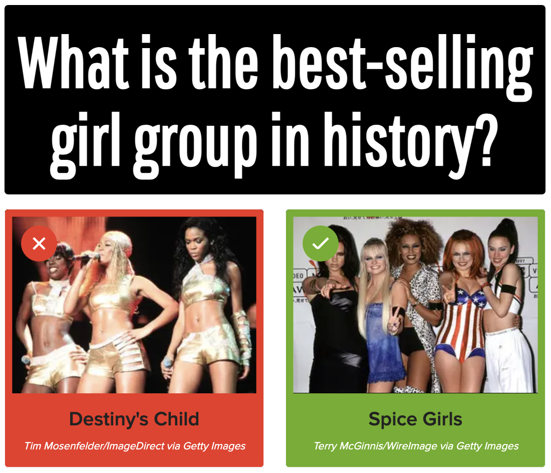 A screenshot of the question &quot;What is the best-selling girl group in history?&quot; with Destiny&#x27;s Child incorrectly selected as the answer and Spice Girls shown to be the correct answer
