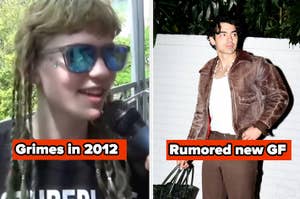 grimes in 2012 speaks into a microphone; joe jonas looks off camera with text "rumored new GF"