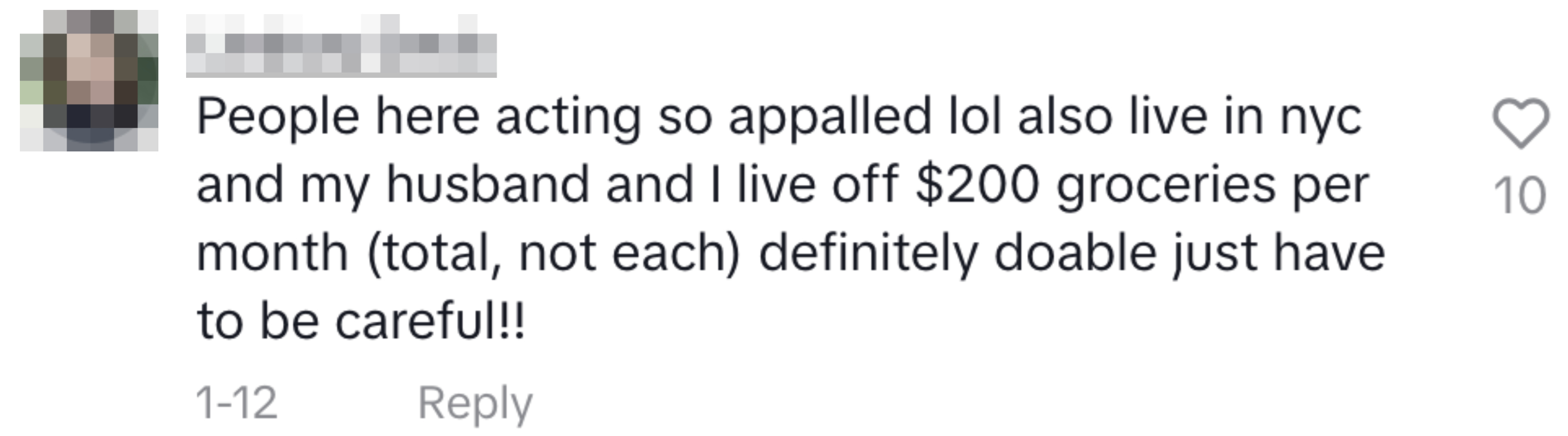A comment on Maria&#x27;s TikTok: &quot;People here acting so appalled lol also live in nyc and my husband and I live off $200 groceries per month (total, not each) definitely doable just have to be careful!&quot;