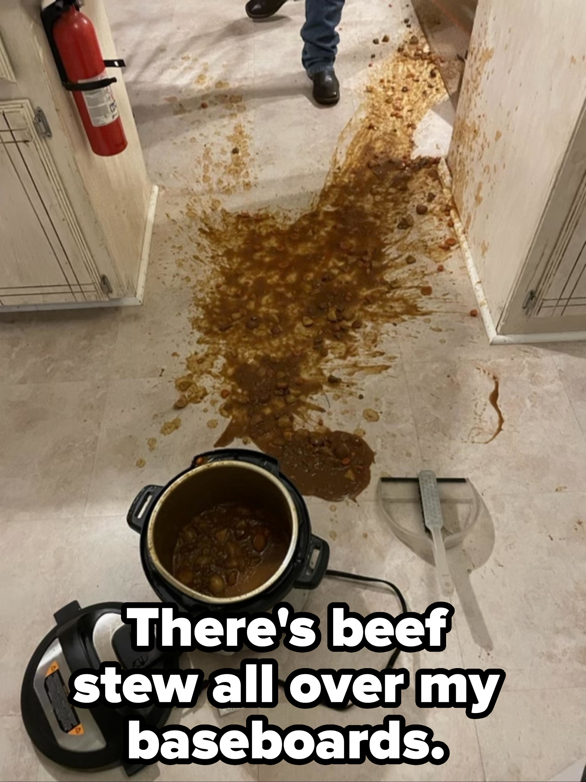 &quot;There&#x27;s beef stew all over my baseboards&quot;: A pot of stew is spilled all over the kitchen floor and lower walls