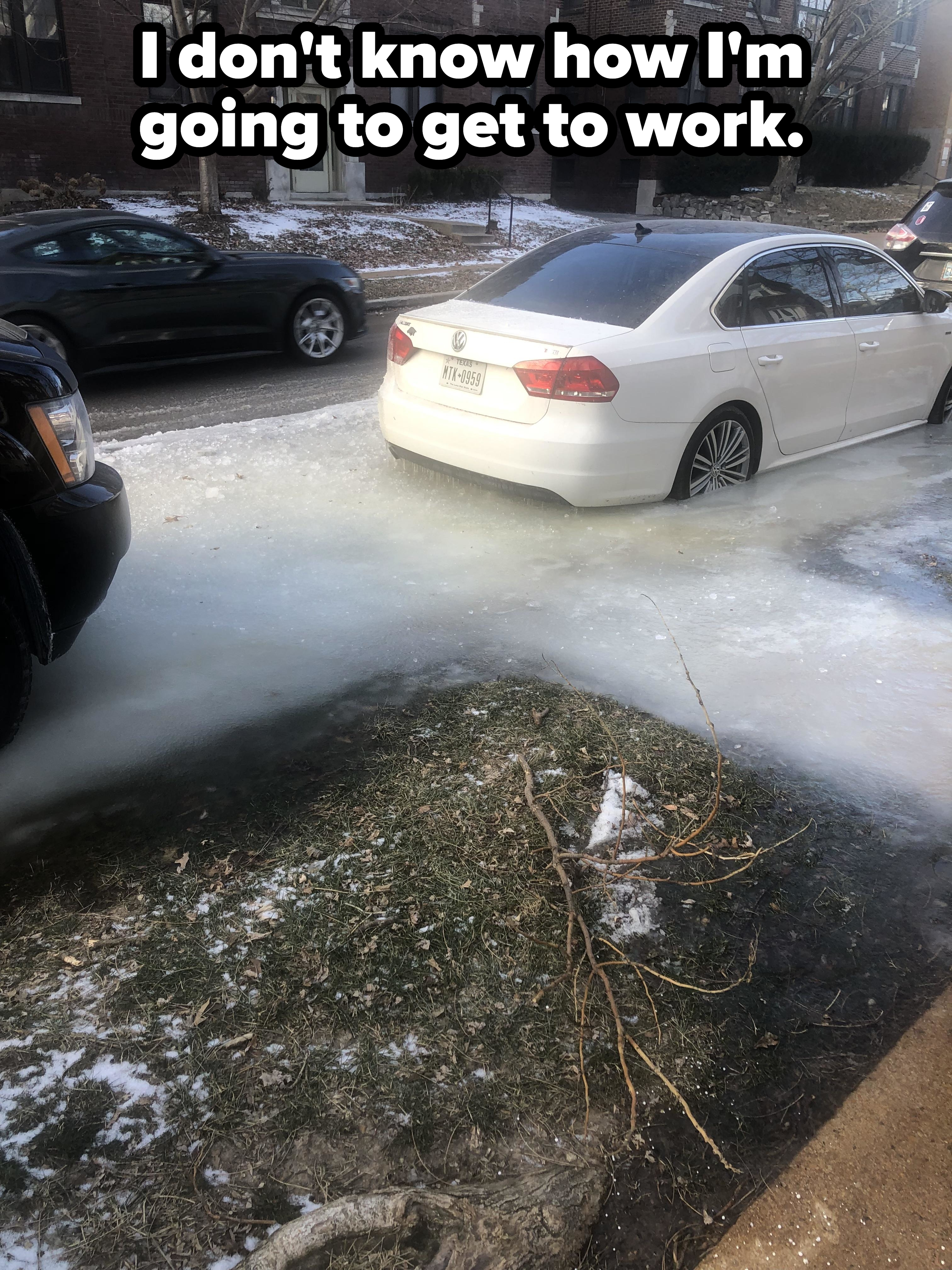 &quot;I don&#x27;t know how I&#x27;m going to get to work&quot;: Parked car is surrounded by a thick sheet of ice
