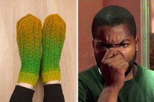 Yellow and green socks and Ice Cube holding his nose.