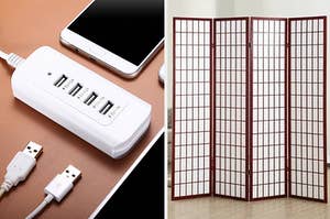on left: white power adapter. on right: red and white room divider