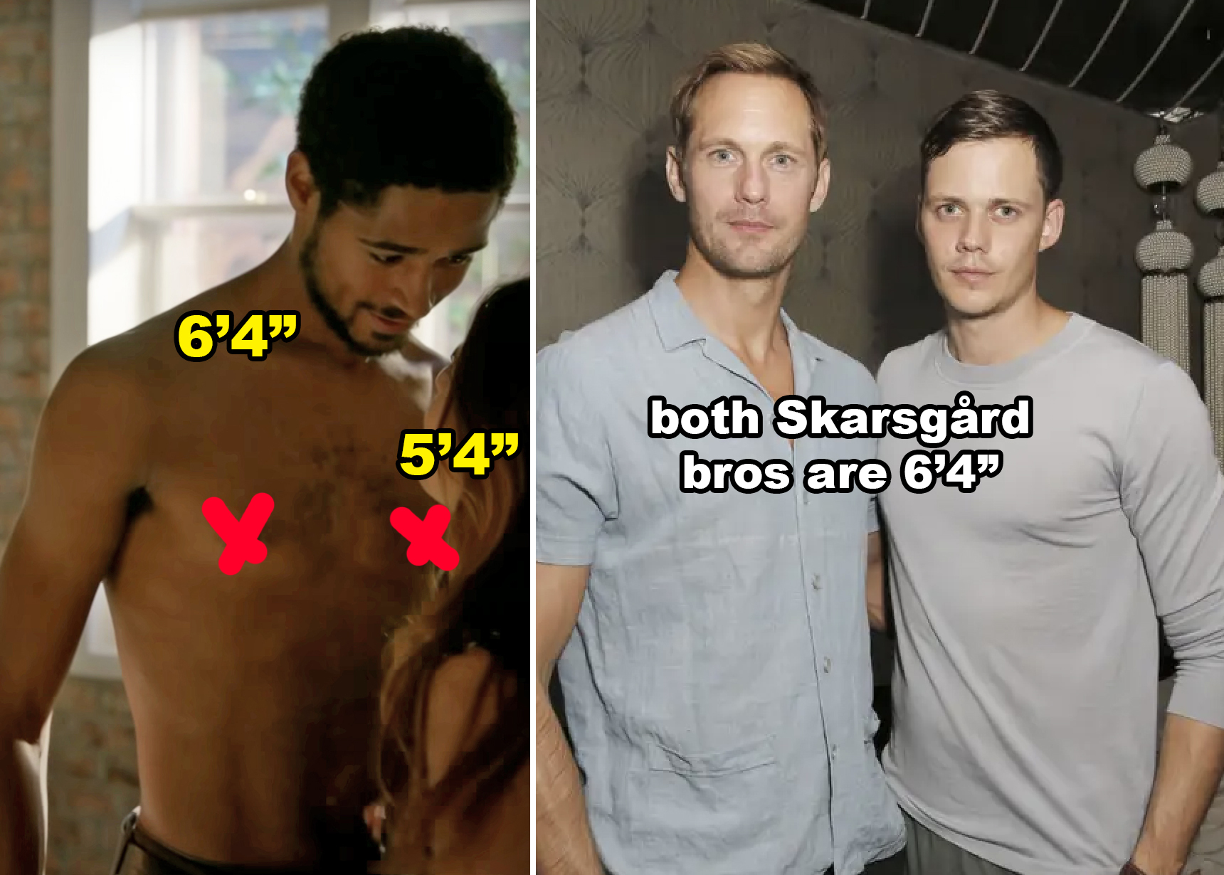 Side-by-sides of a shirtless Alfred Enoch and Bill and Alexander Skarsgård