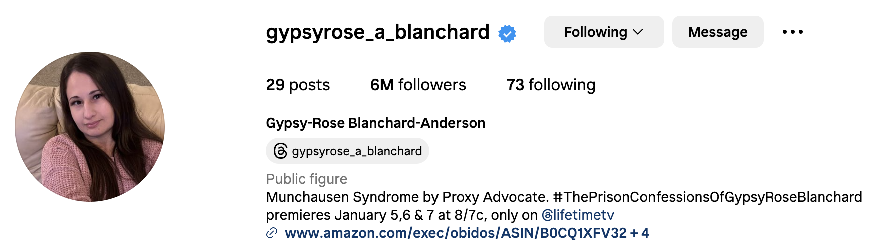 her profile with 6 million followers