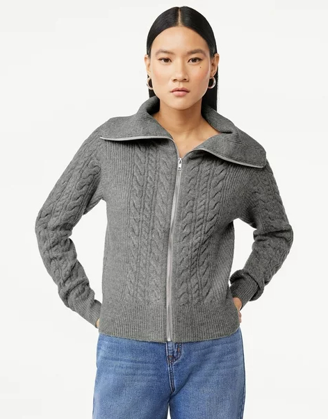 grey cable knit zip up sweater