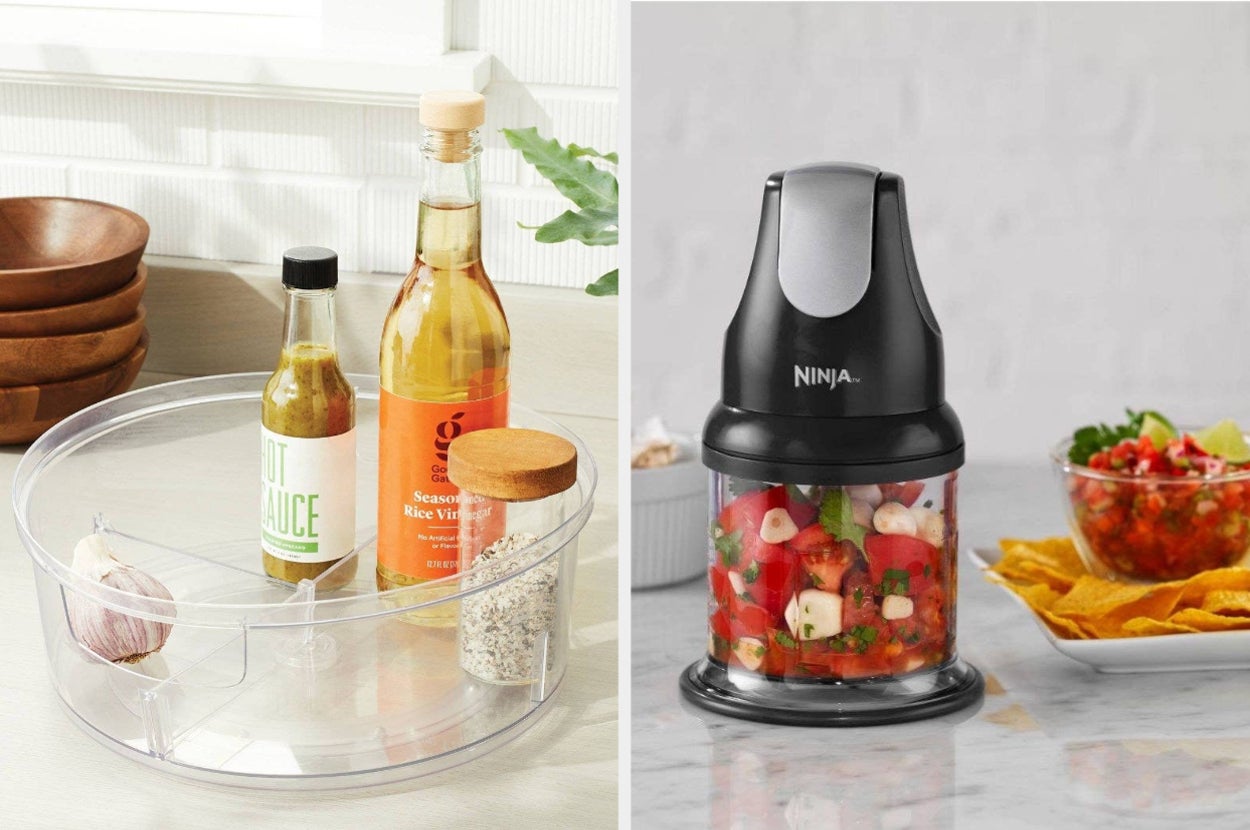 on left: clear turn table with condiments. on right: small black Ninja food processor with salsa inside