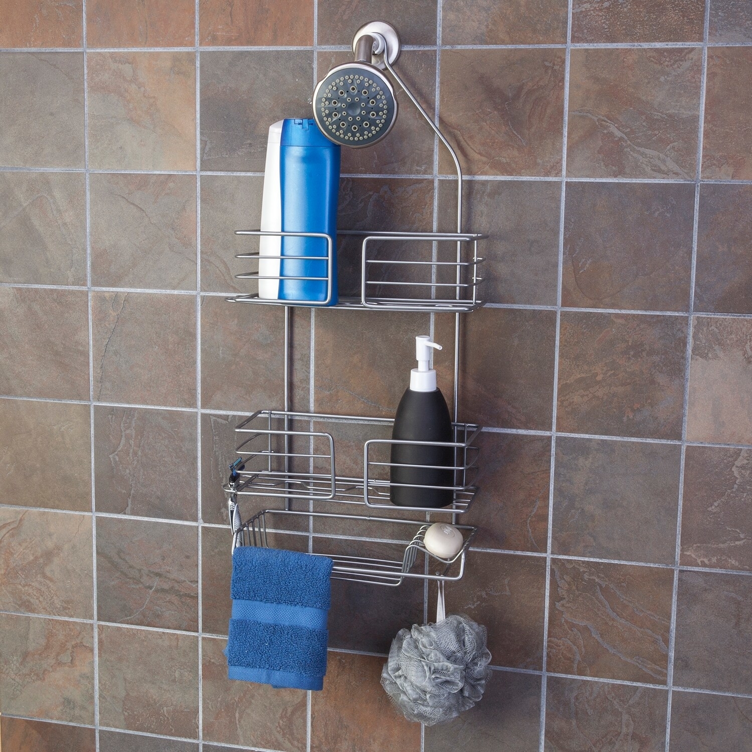 steel shower caddy in the shower