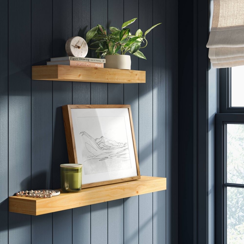 the floating shelves with pictures and plants on them