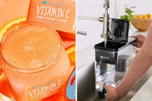 on left: vitamin C shea sugar scrub. on right: model filling up Brita filter under sink