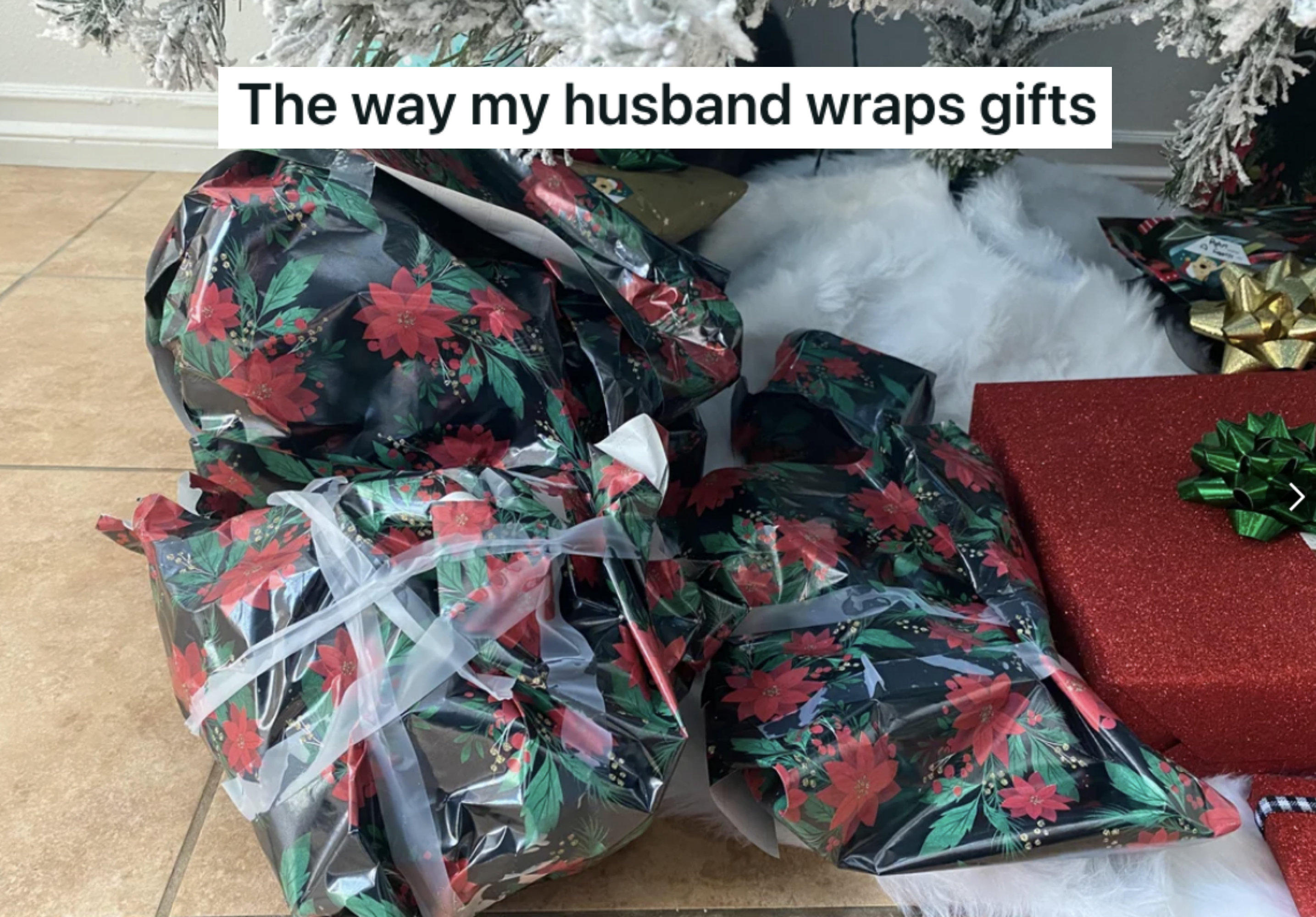 badly wrapped presents under a Christmas tree