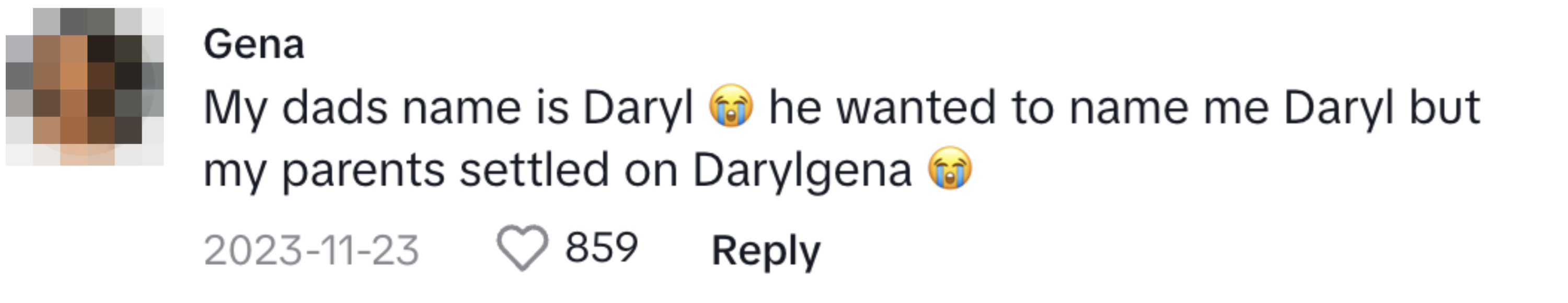 A commenter saying that their dad&#x27;s name is Daryl and he wanted to name them Daryl too, but instead their parents settled on Darylgena