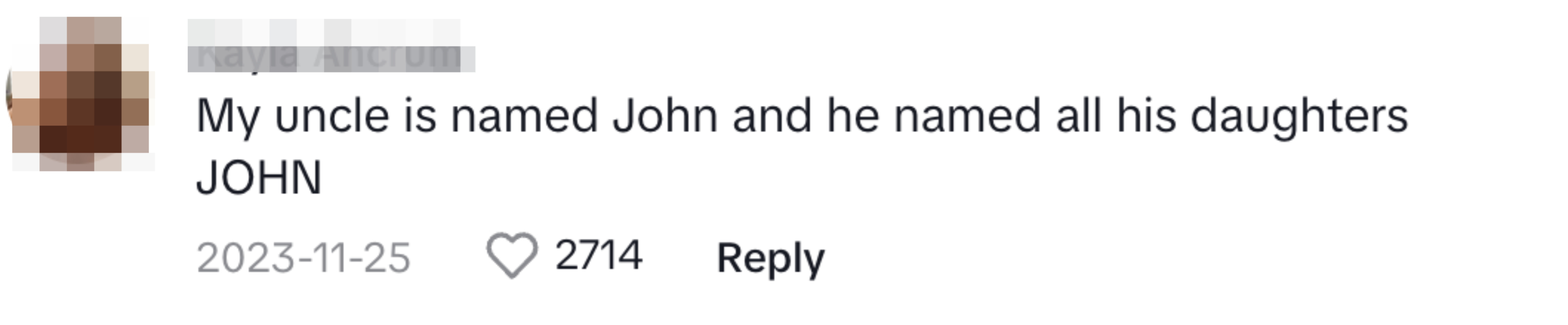 A commenter saying that their uncle named all his daughters John