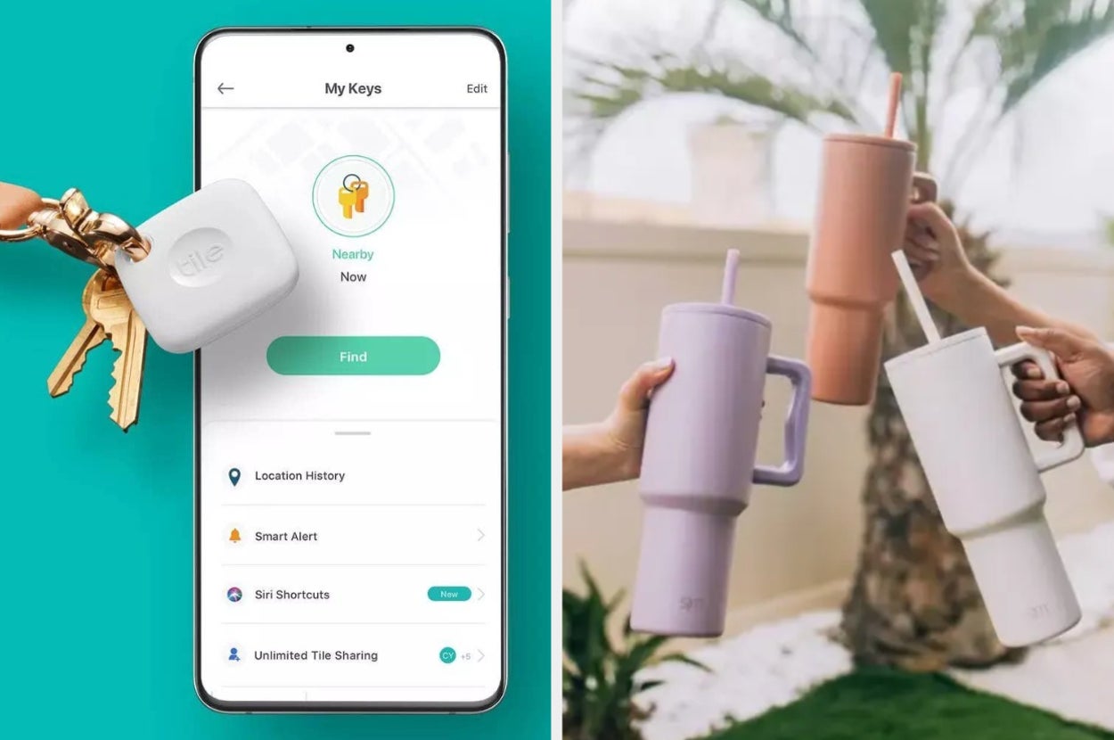 on left: white Tile tracker on key ring. on right: models holding pink, white, and purple drink tumblers