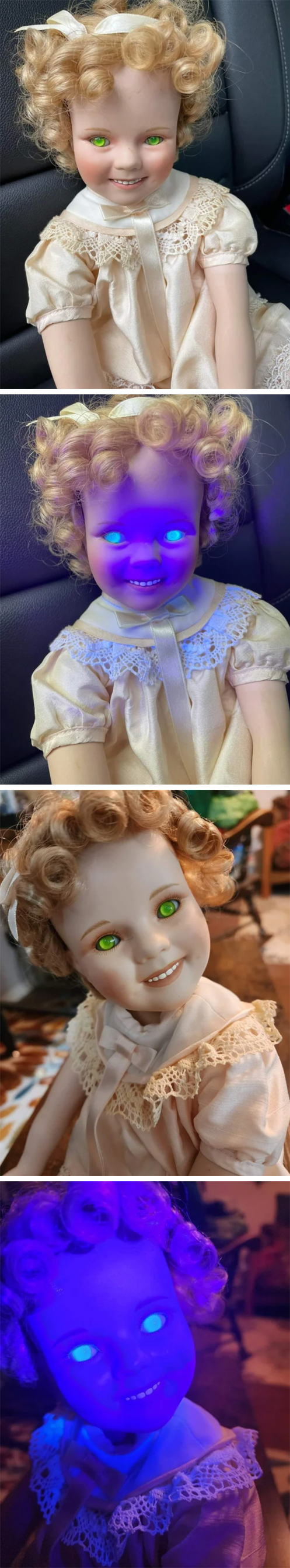 A Shirley Temple doll with glowing eyes
