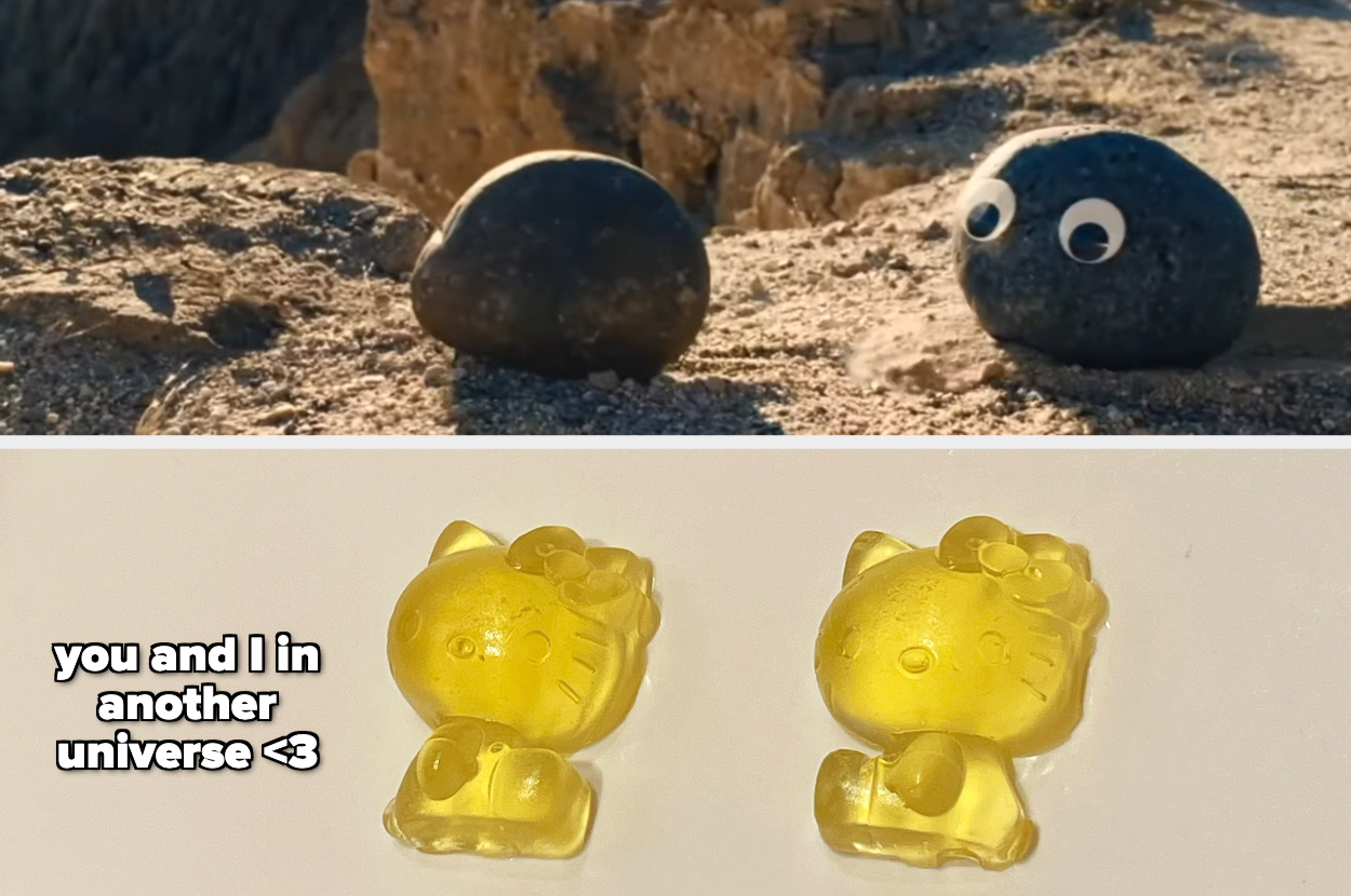 A still from the movie &quot;Everything Everywhere All at Once&quot; shows two rocks alongside two Hello Kitty–shaped gummies. There&#x27;s text that reads, &quot;You and I in another universe&quot;