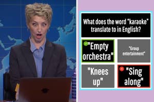 On the left, Heidi Gardner crossing her eyes while looking at a laptop screen on Weekend Update, and on the right, a screenshot of the question what does the word karaoke translate to in English