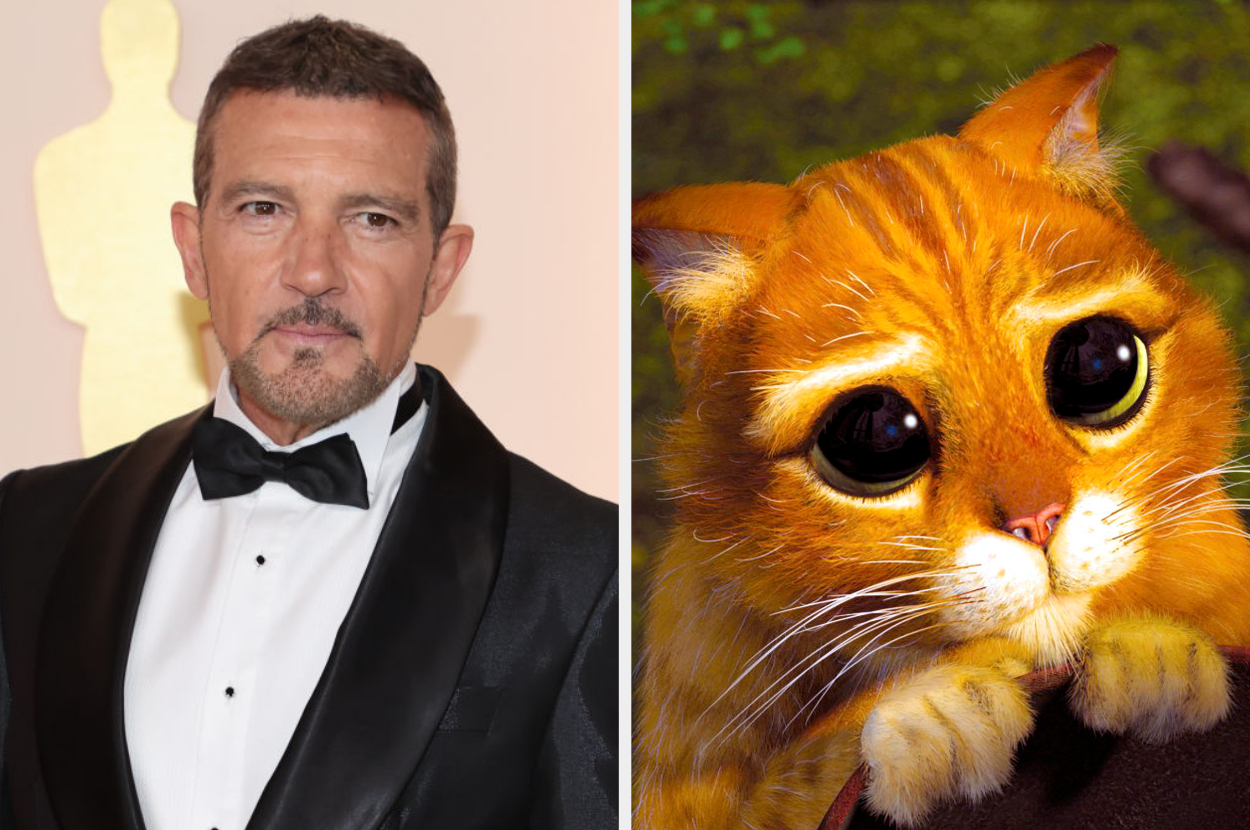 Side-by-side of Antonio Banderas and Puss in Boots