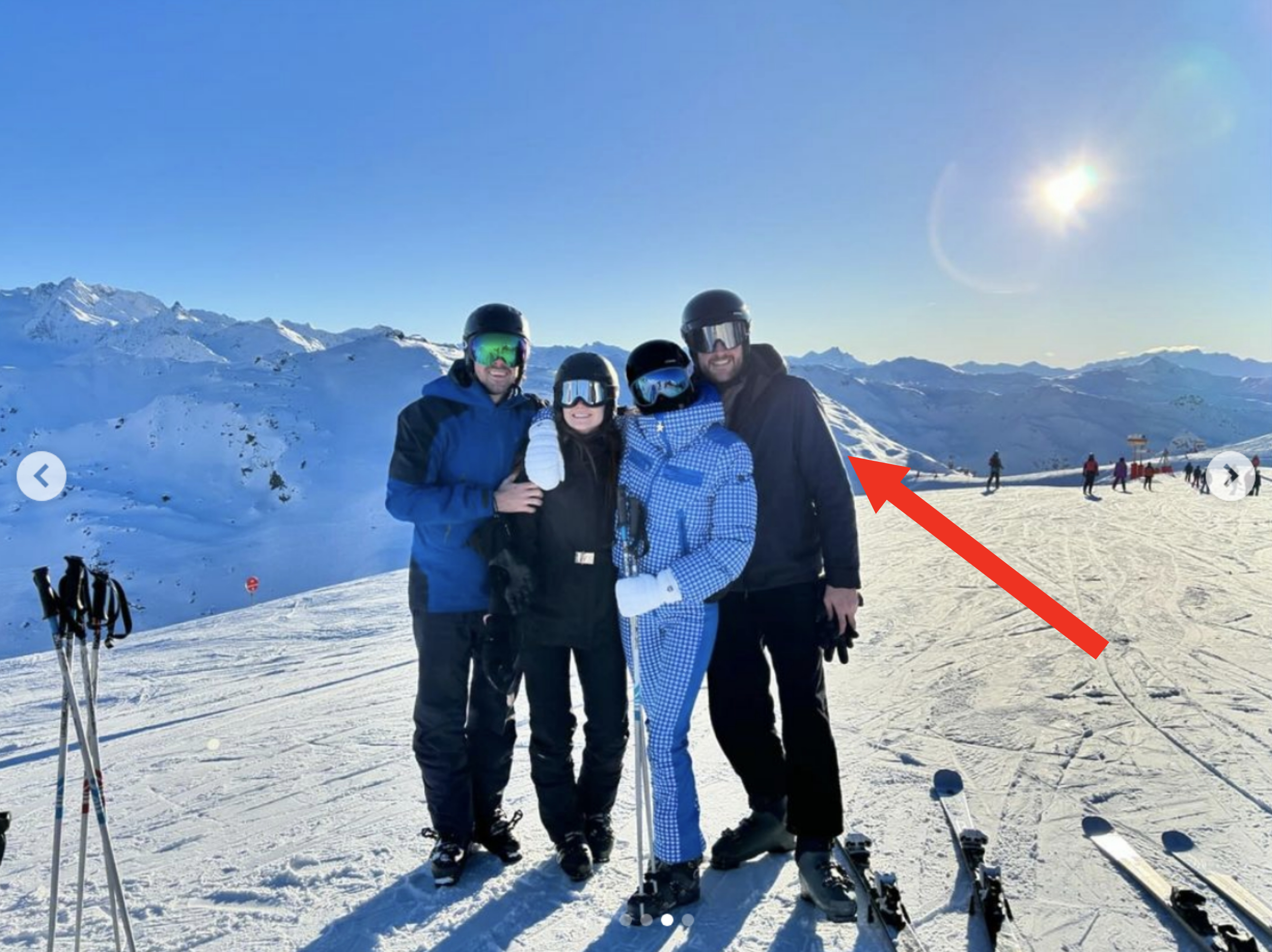 Arrow pointing to Peregrine Pearson on the ski slopes