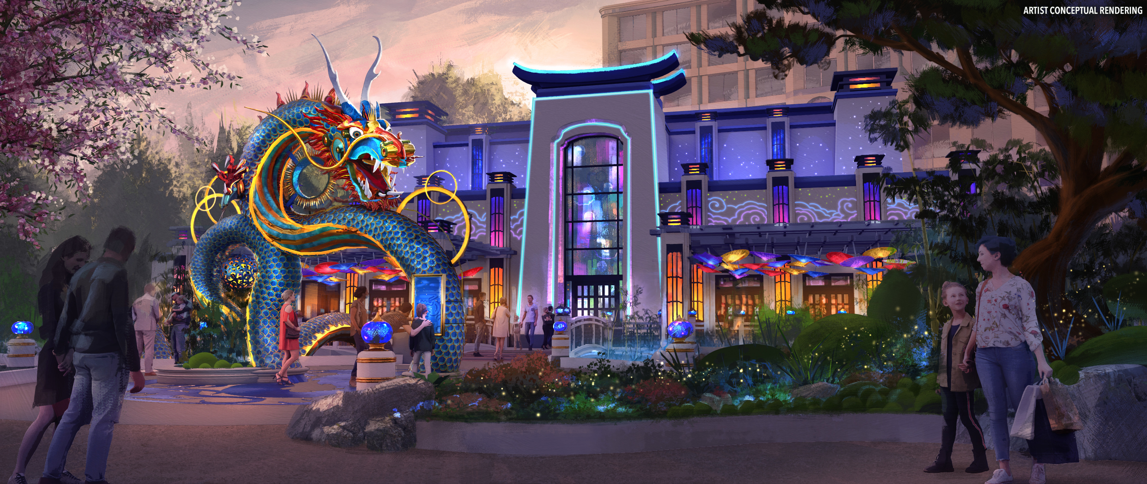 Rendering of Celestial Park featuring a statue of a dragon