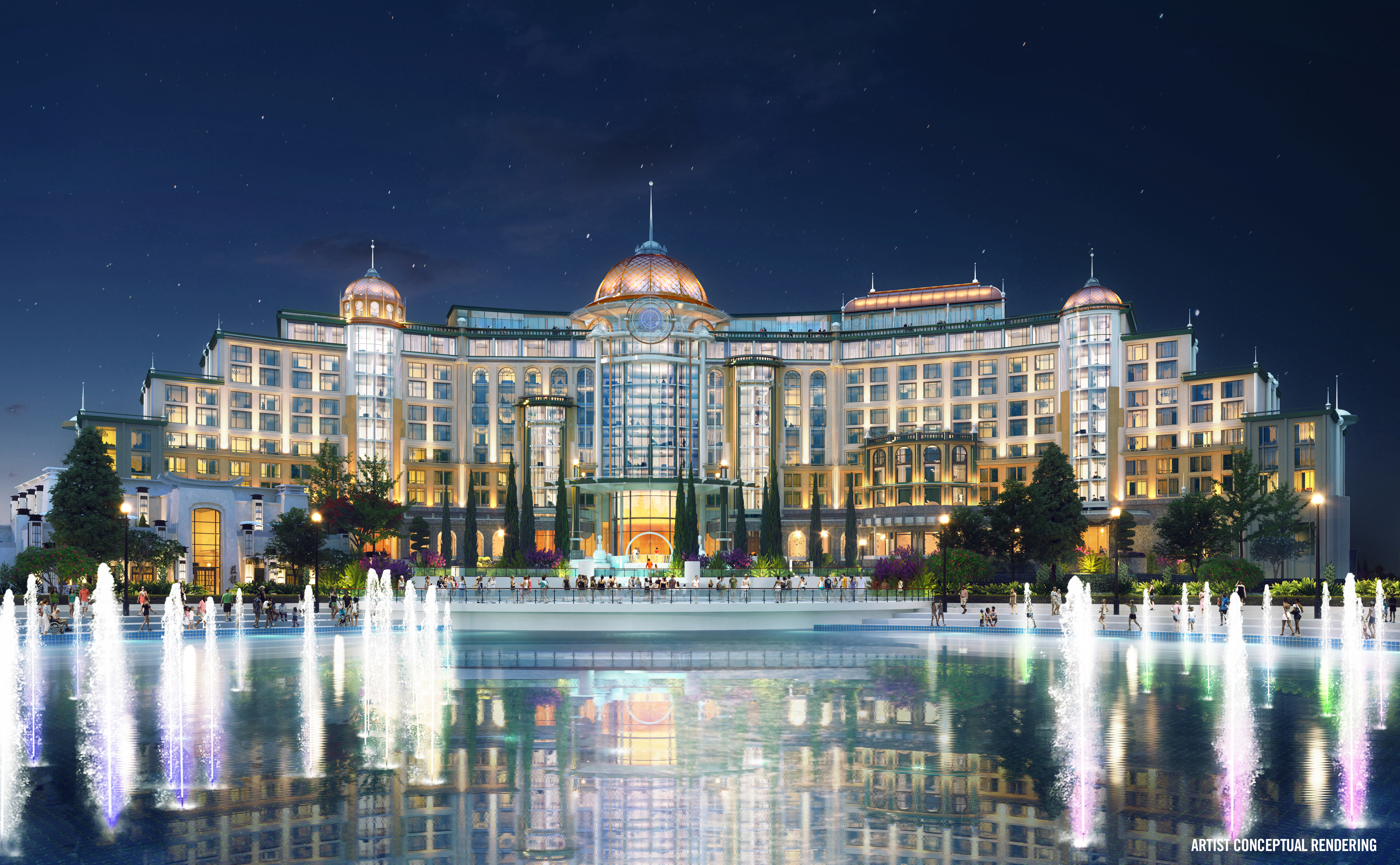 Rendering of the Universal Helios Grand Hotel with a massive fountain in front
