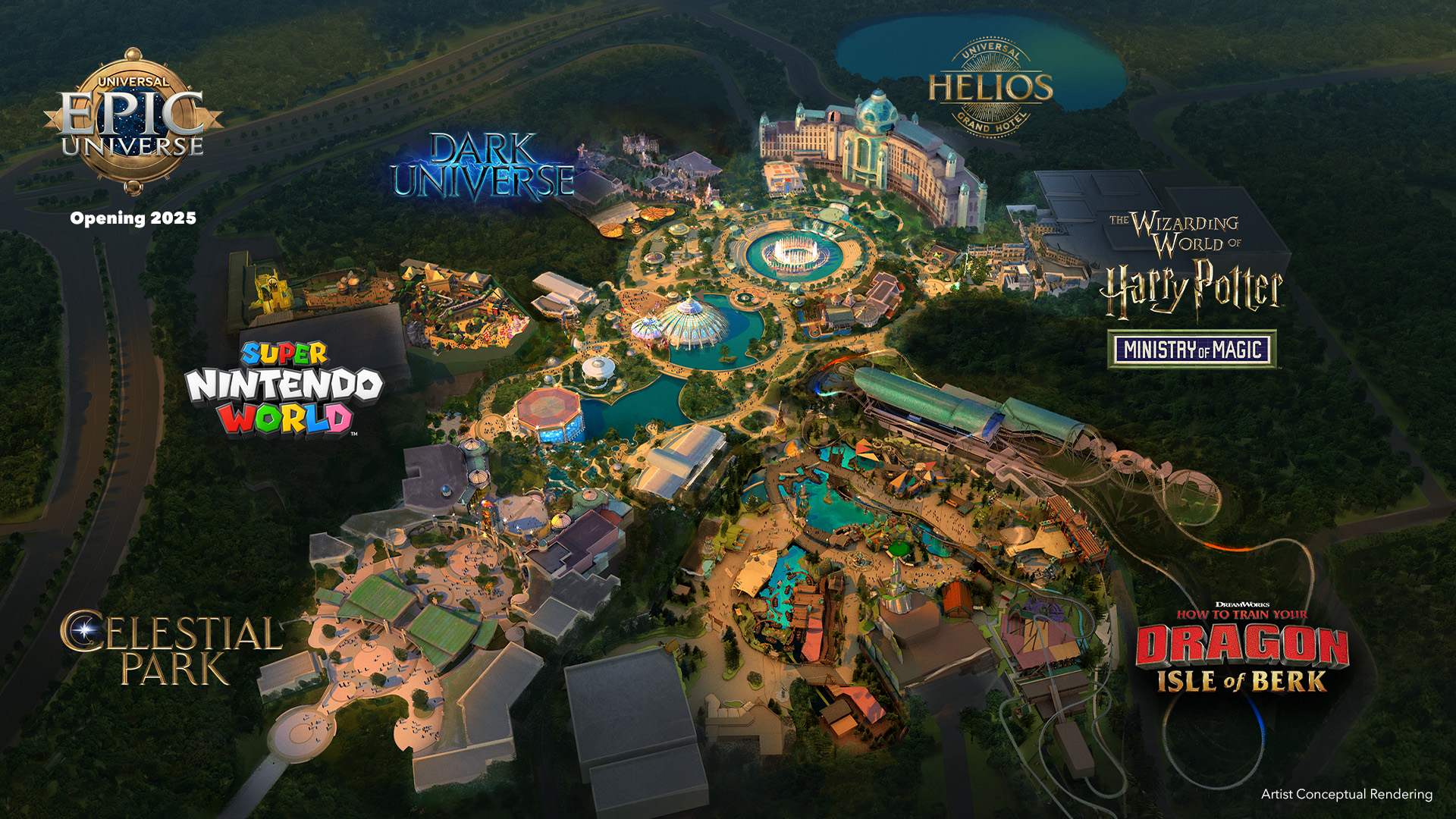 Rendering of Universal Epic Universe showing an aerial view of the five areas