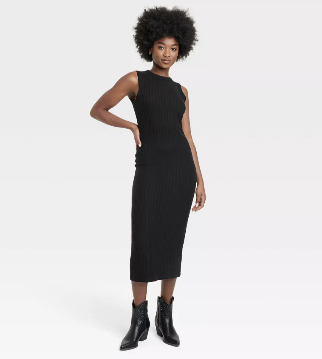 A black sleeveless midi dress