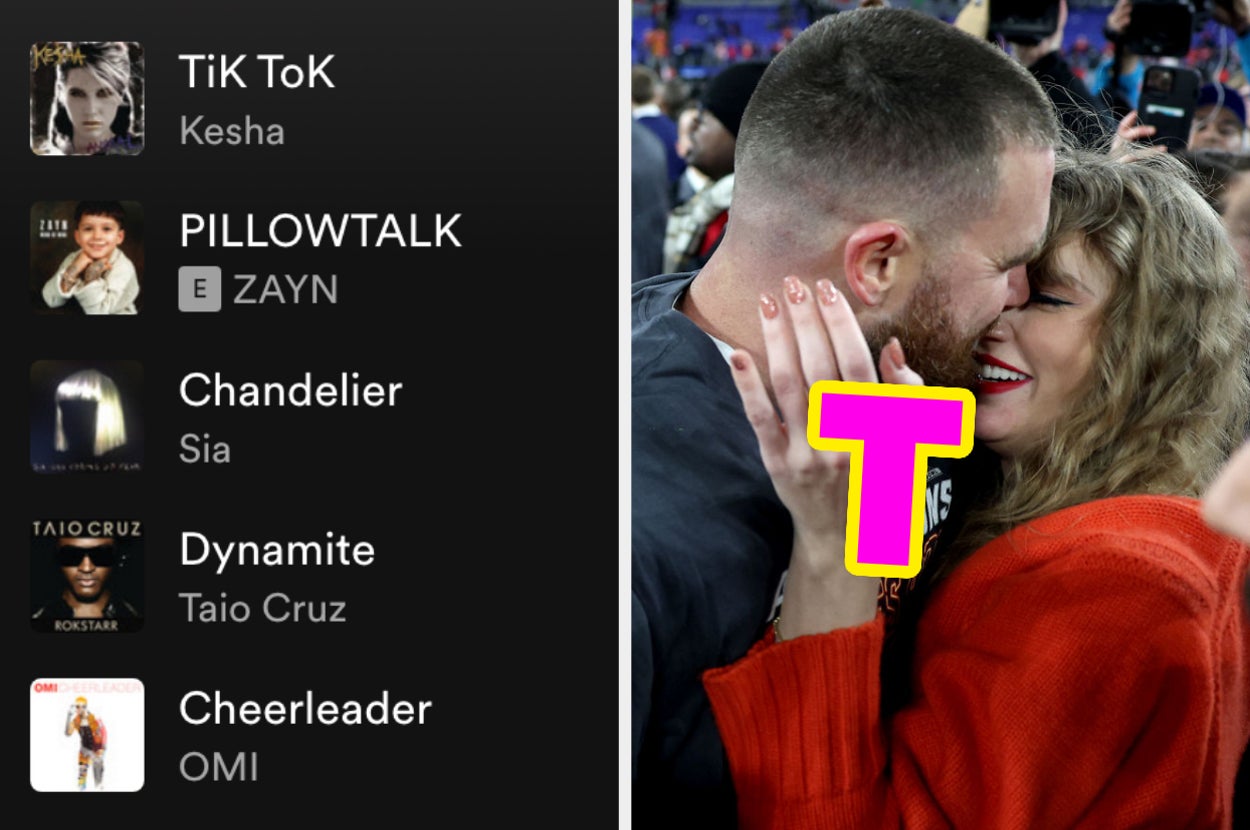 On the left, a 2010s Spotify playlist, and on the right, Taylor Swift caressing Travis Kelce's cheek with T typed under their chins