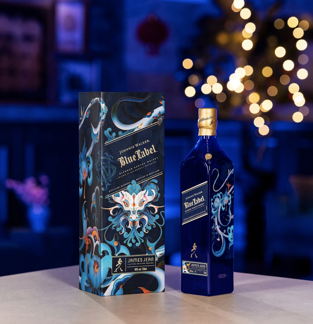 Bottle of Blue Label next to box inspired by the Year of the Dragon