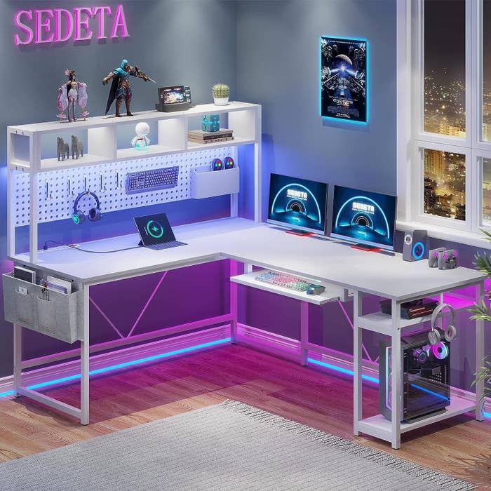 the white desk with pink and blue LED lights