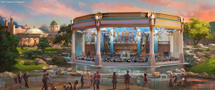 architectural rendering showing theme park design with collectible-inspired zones and character integration