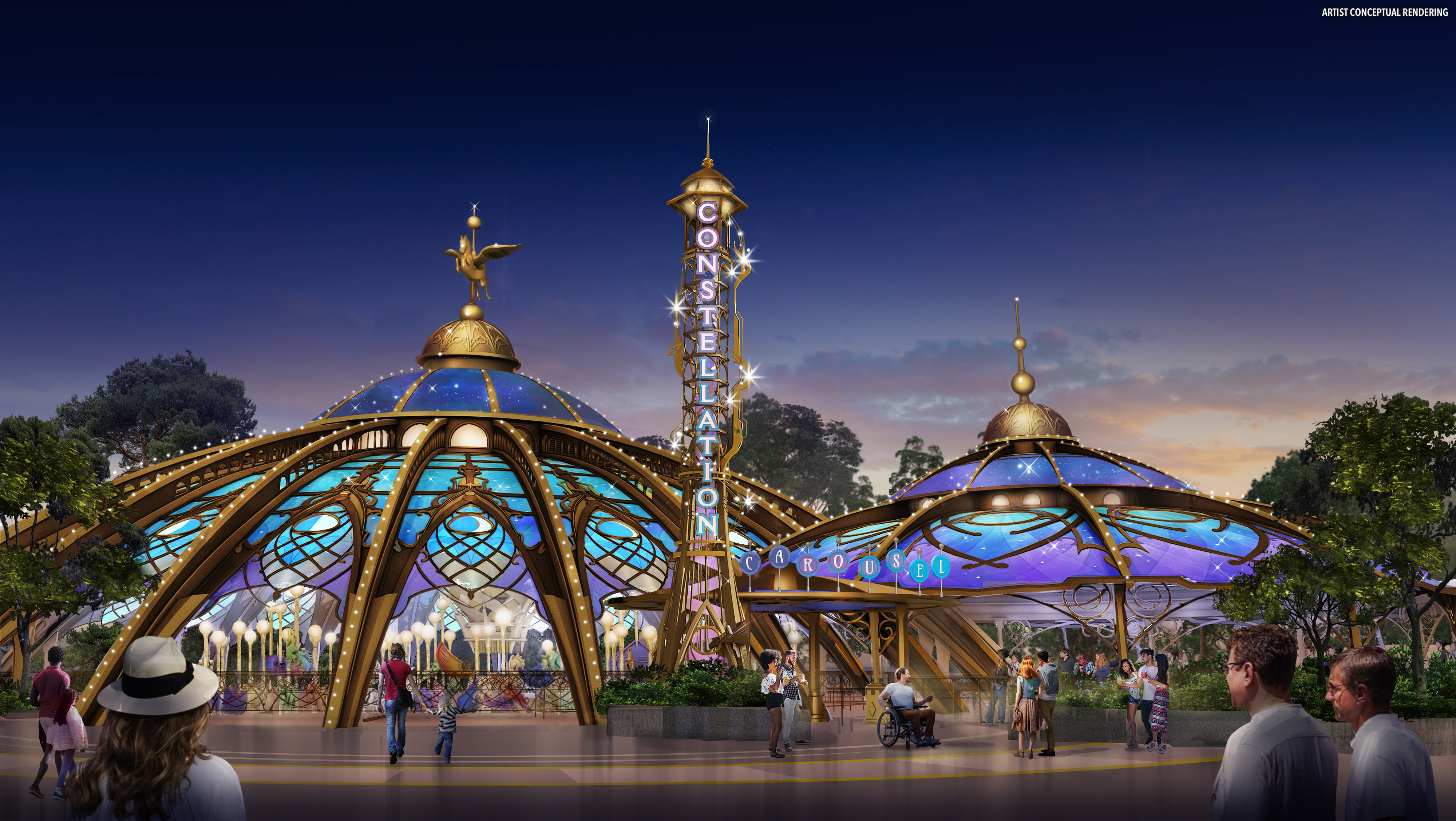 Rendering of the Constellation Carousel with a tower in front that says &quot;Constellation&quot;