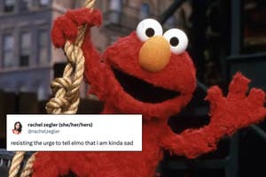 elmo waves hi from a rope swing; a screenshot of rachel zegler's tweet reply