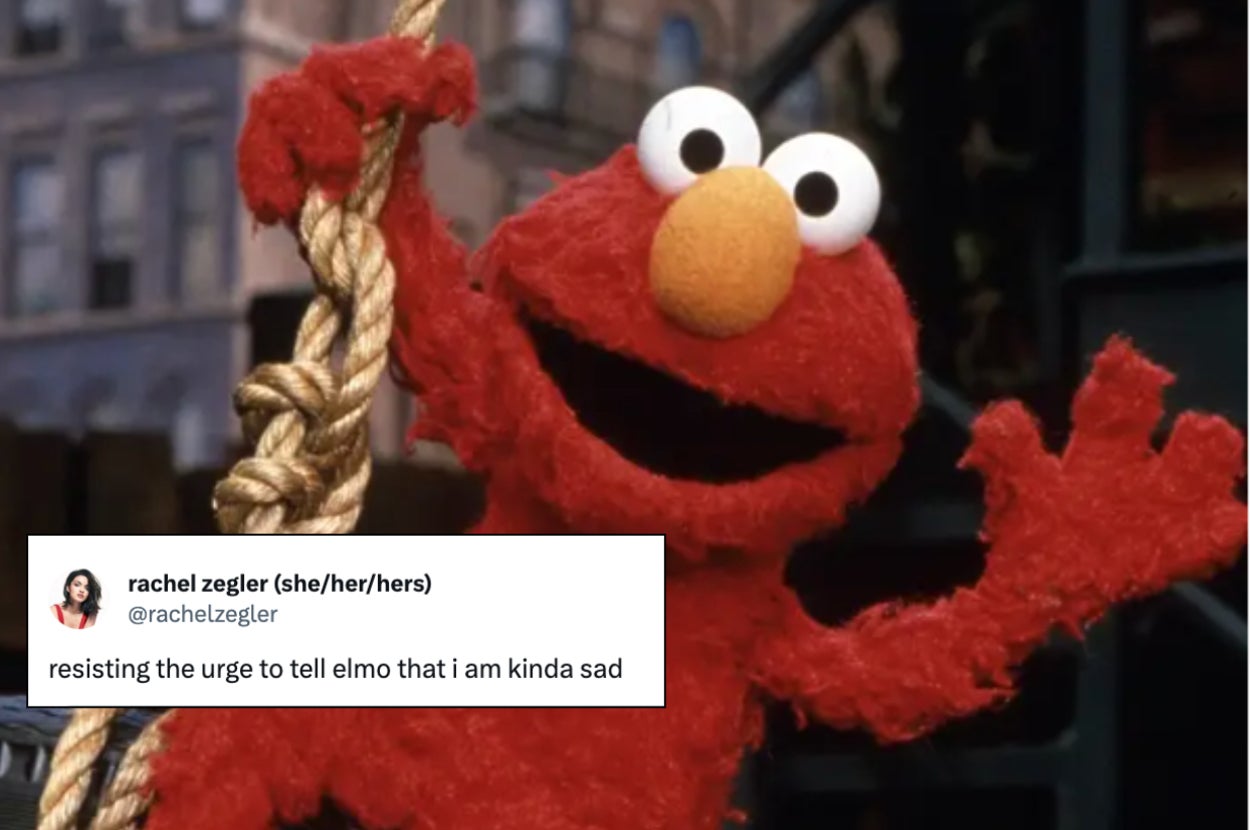 elmo waves hi from a rope swing; a screenshot of rachel zegler's tweet reply