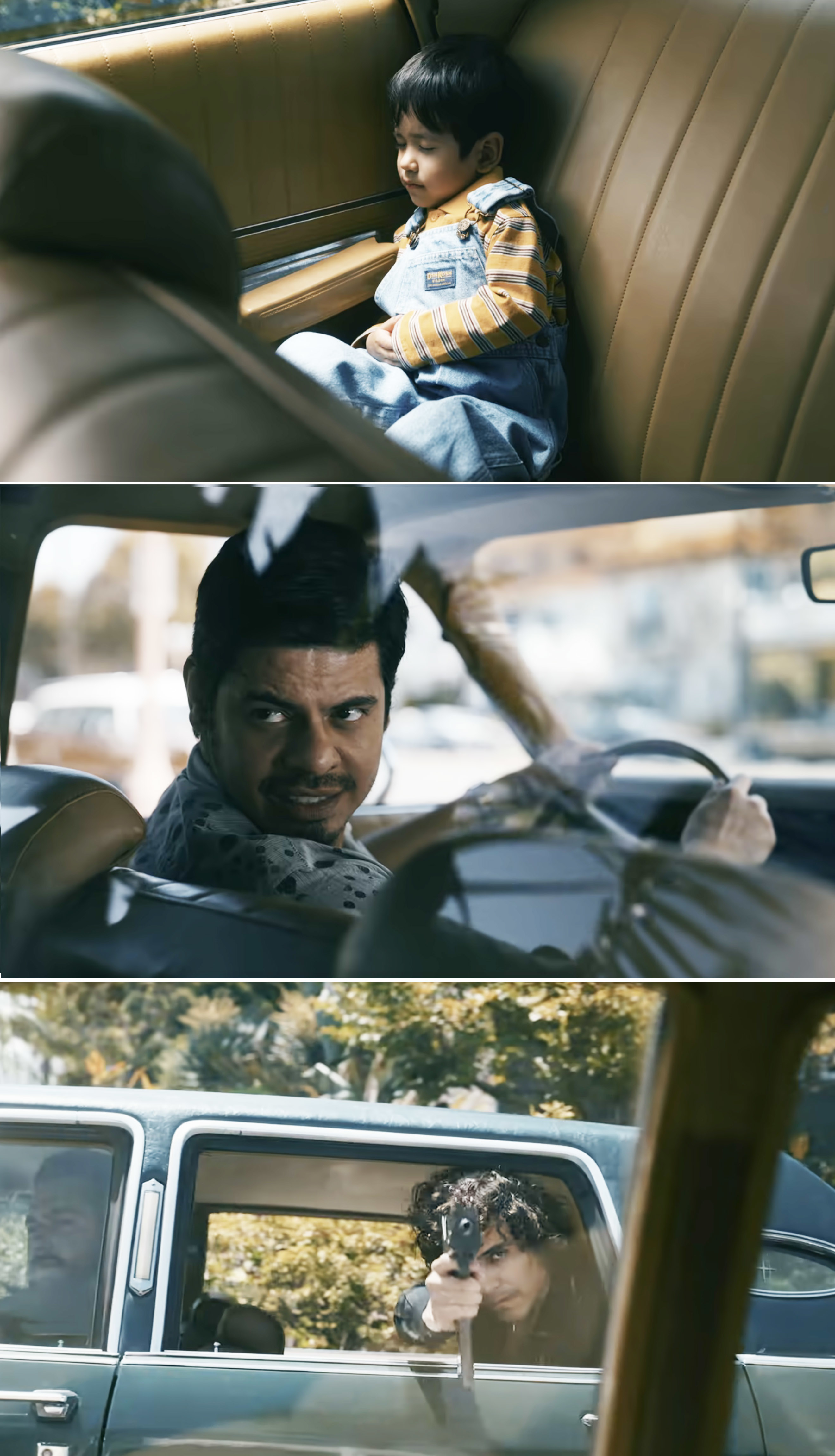 A man pointing a gun out the window of a car in a scene from &quot;Griselda&quot;