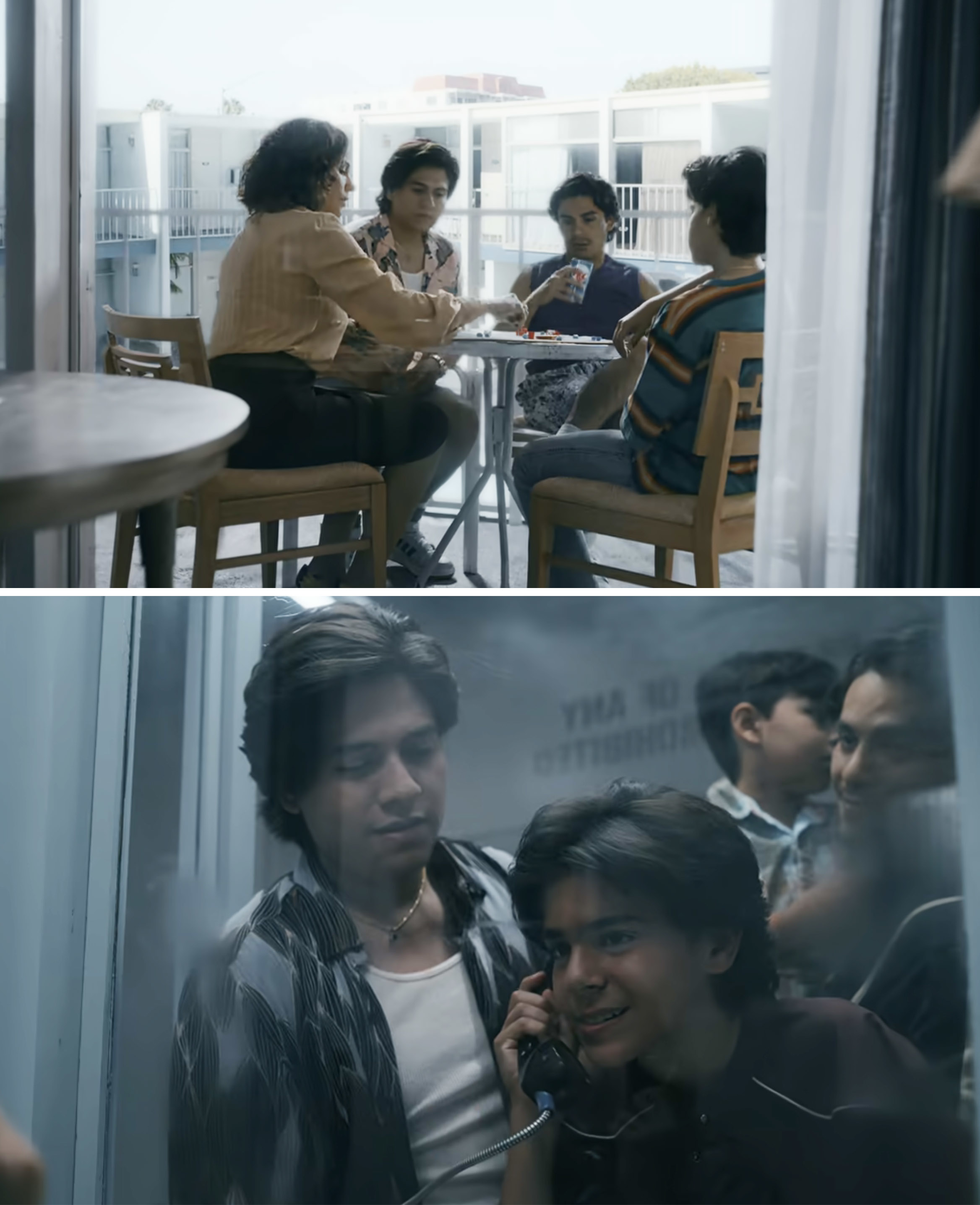 Griselda sitting on a balcony with her sons in a scene from the show