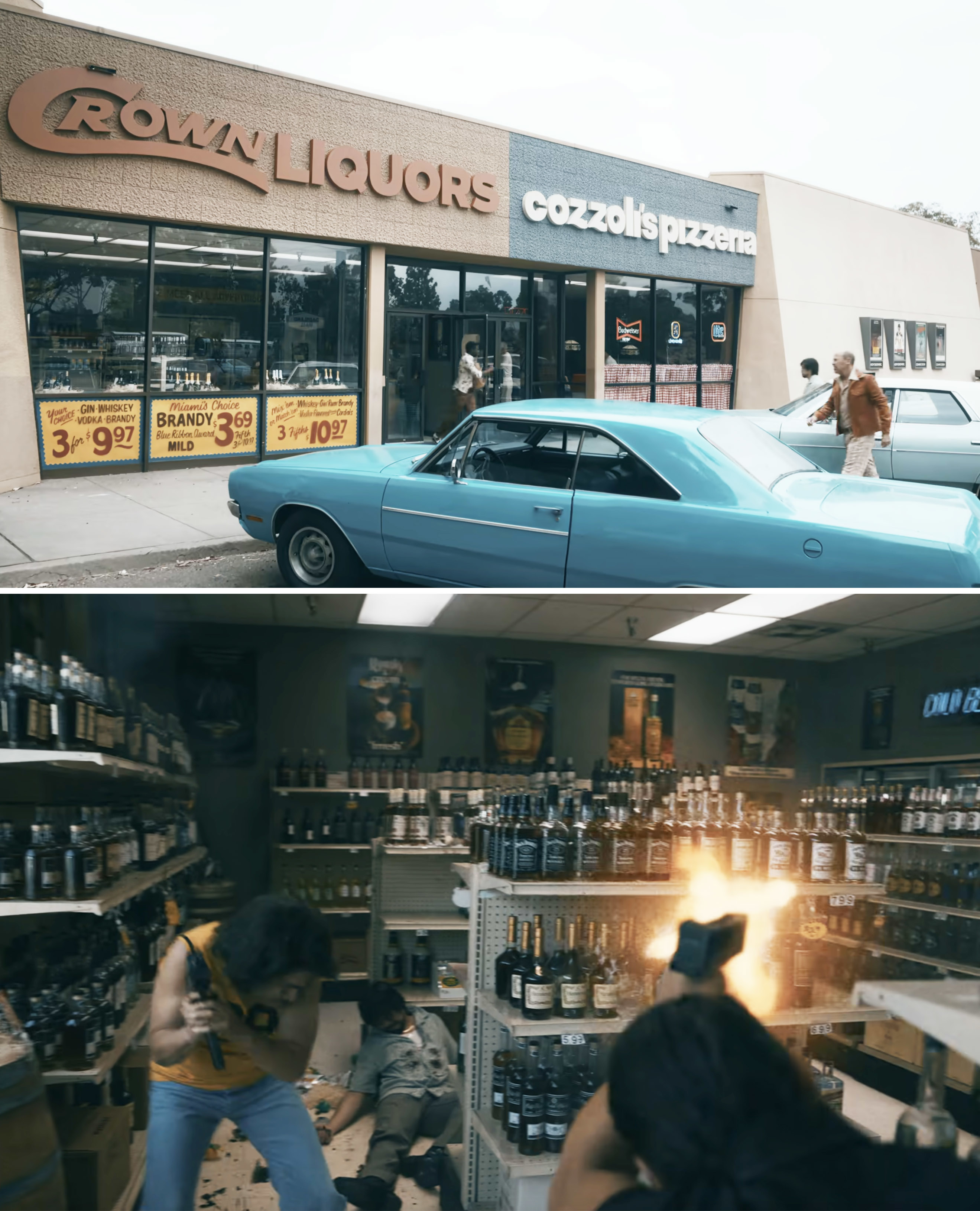 The hitmen entering and shooting up the liquor store in a scene from &quot;Griselda&quot;