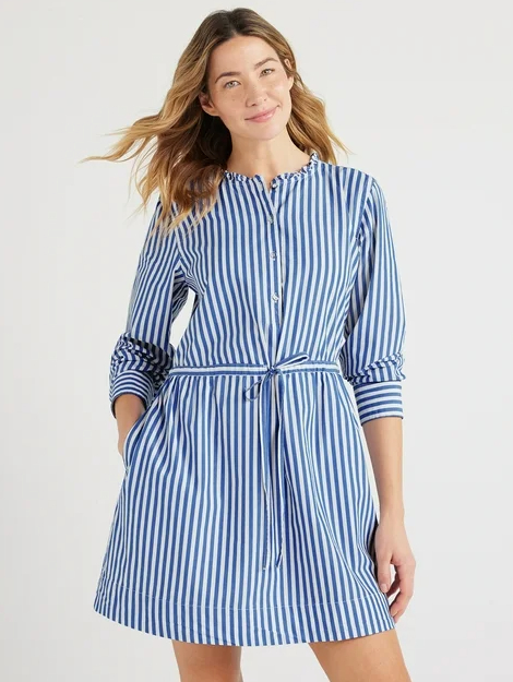 blue and white striped shirt dress