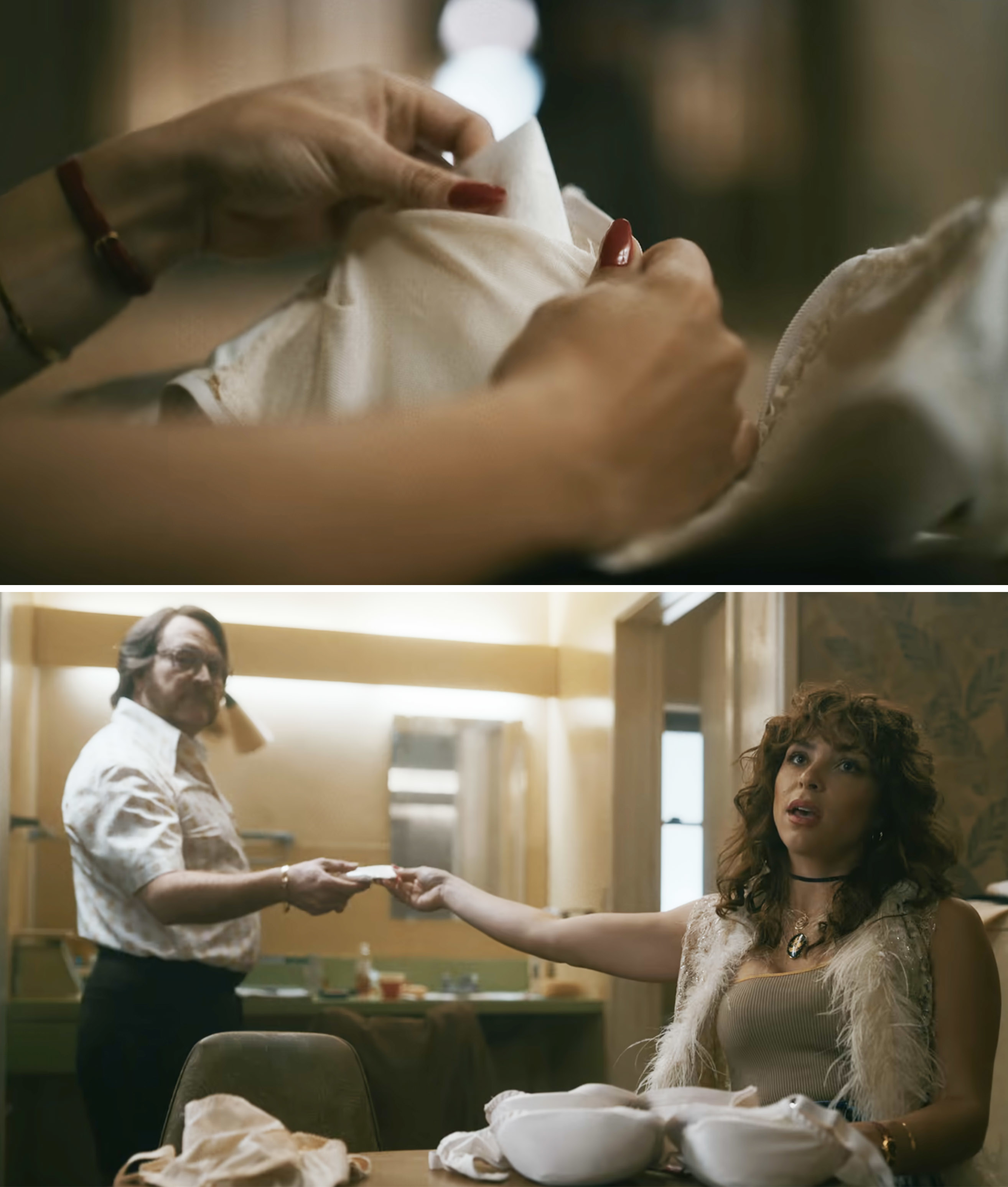 A bag of cocaine being sewn into lingerie in a scene from &quot;Griselda&quot;