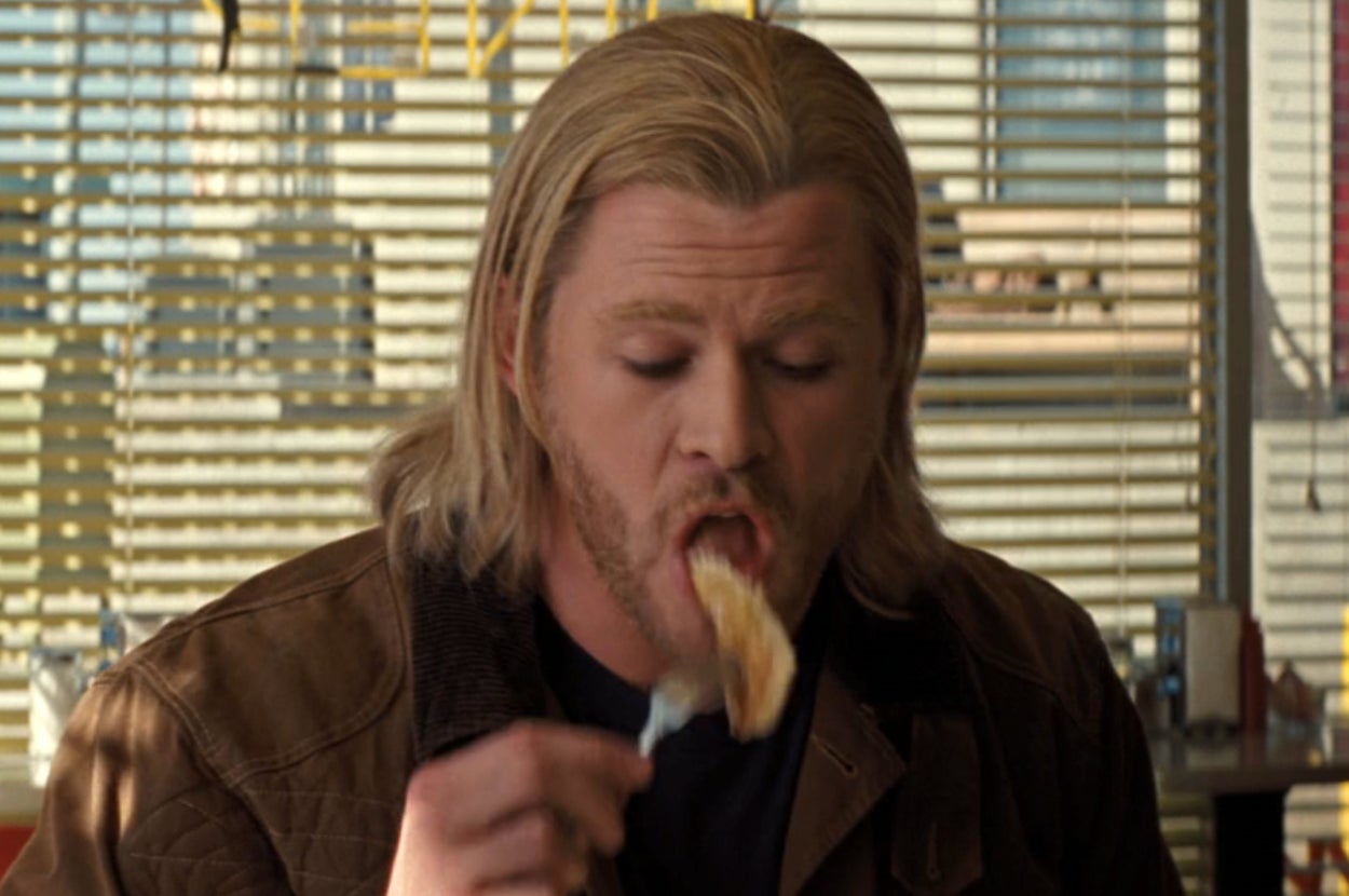 Thor eating pancakes in a diner