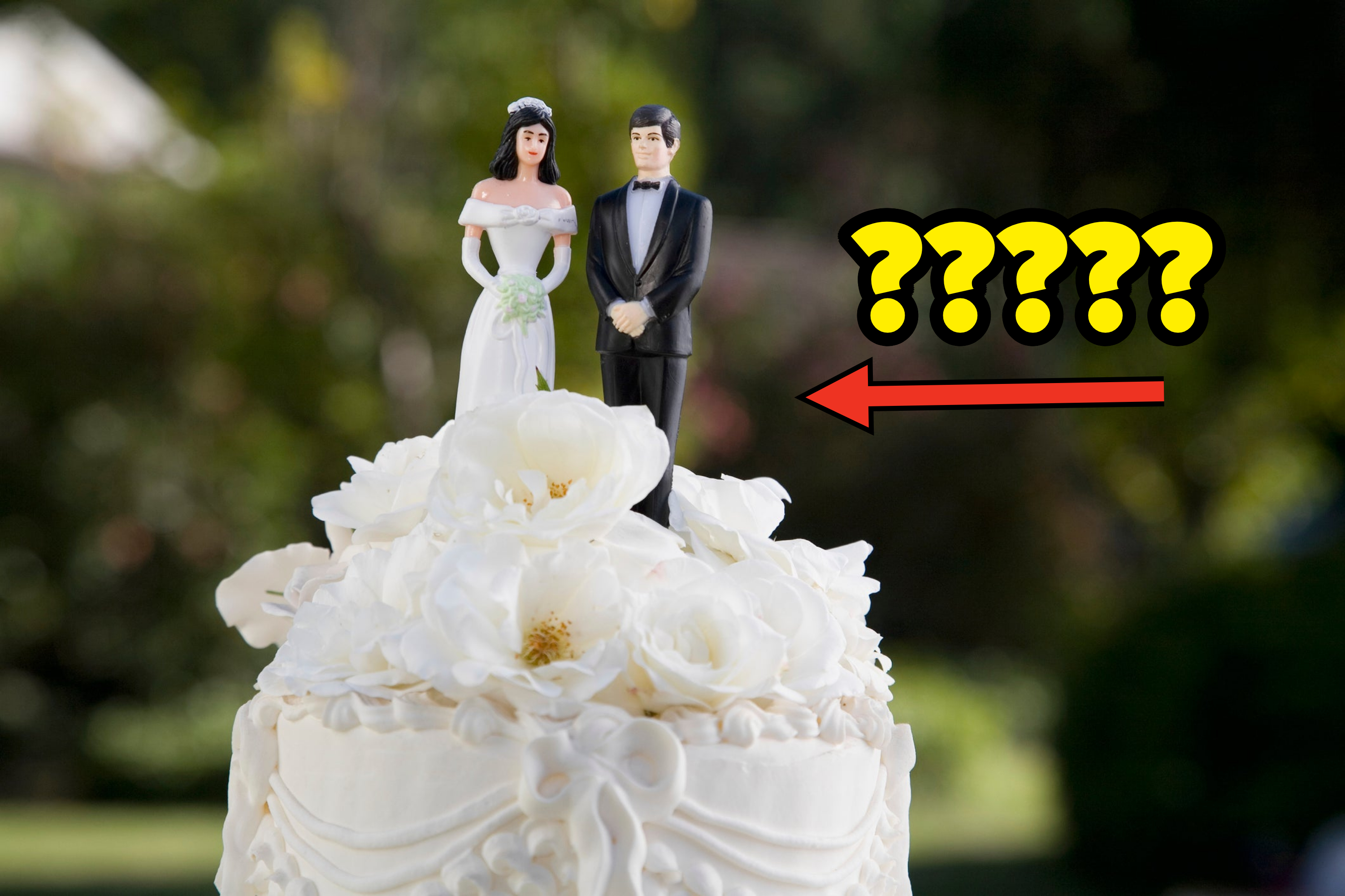Questions marks with an arrow pointing to a wedding cake