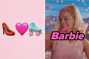 On the left, a high heel emoji, a heart emoji, and a roller skate emoji, and on the right, Margot Robbie brushing her teeth as Barbie