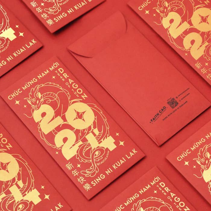 Front and back of 2024 dragon themed red envelopes