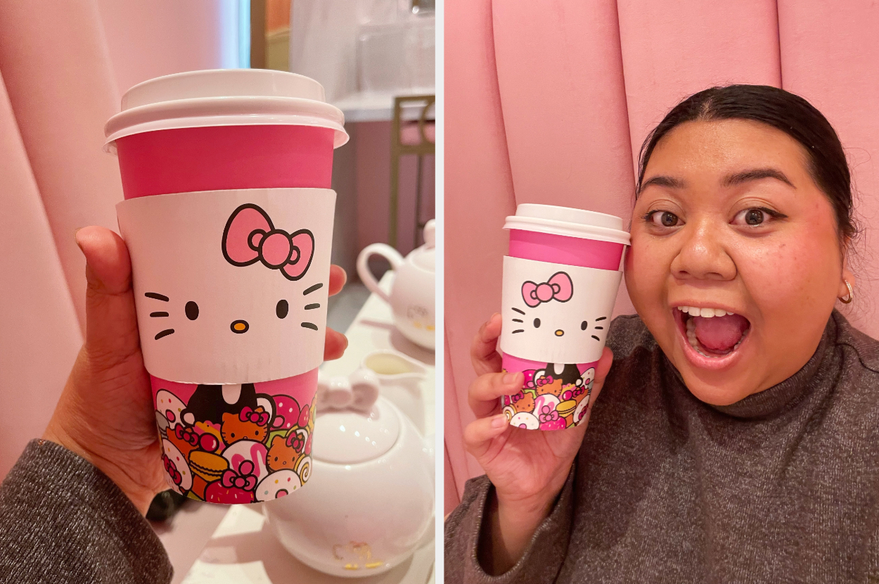The author is showing off her Hello Kitty to-go cup