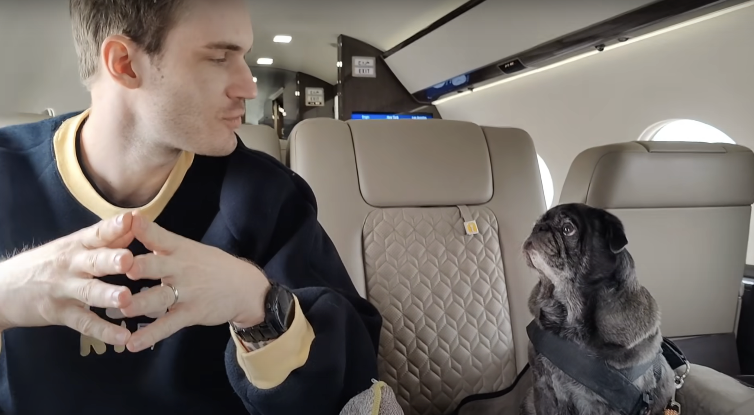 him and his dog sitting in the jet