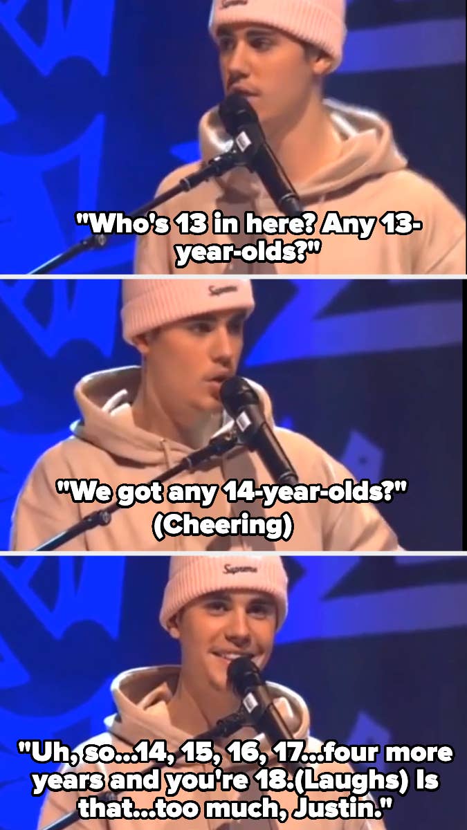 Closeups of Justin Bieber asking if there are any 14-year-olds in the crowd and saying it&#x27;s only 4 years until they&#x27;re 18